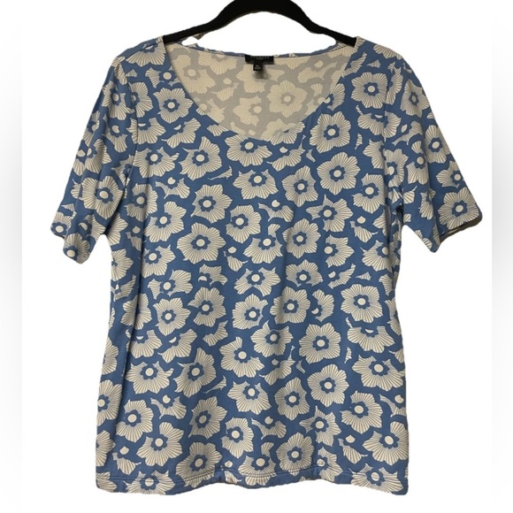NWOT Talbots Petite Short Sleeved Blouse/Tee Size MP Blue flower, luxury tee - Picture 1 of 6